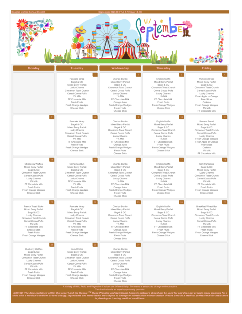 Sept 2026 Lunch & Breakfast Menu