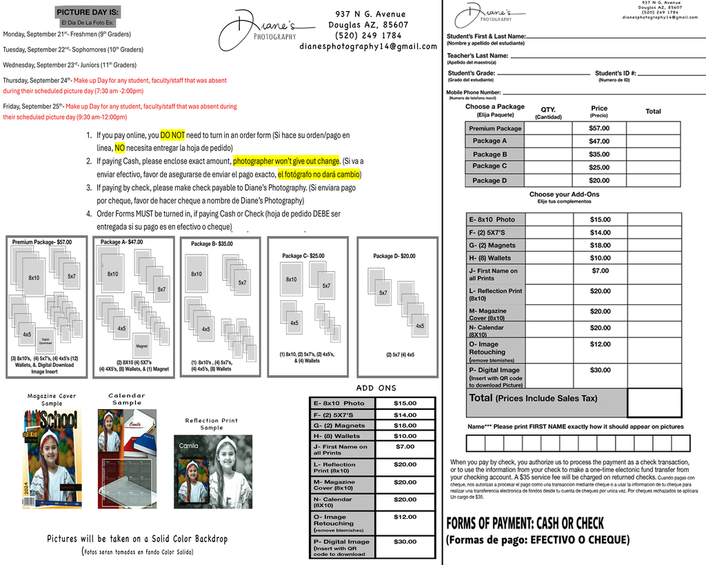 Picture Day Order Form 0921 to 0925 2026