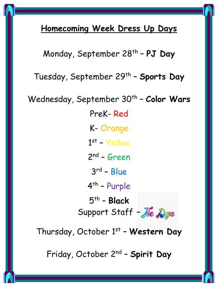 Elementary Homecoming Dress Up Days