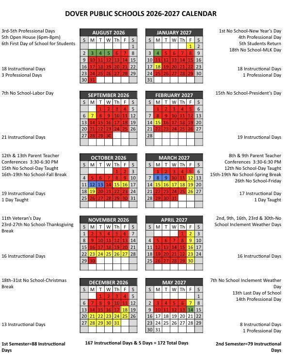 2026-2027 Dover School Calendar
