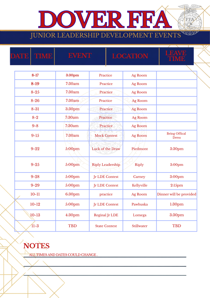 FFA OC and Quiz Schedule 