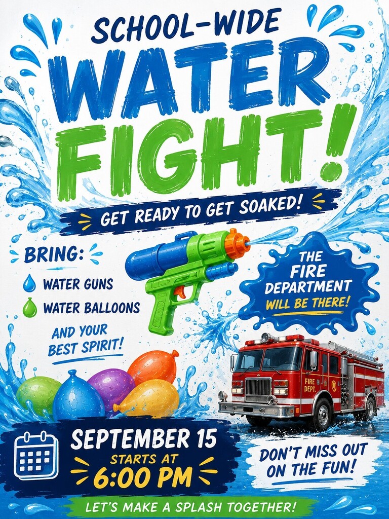 Water Fight will take place on the south lawn next to school. 