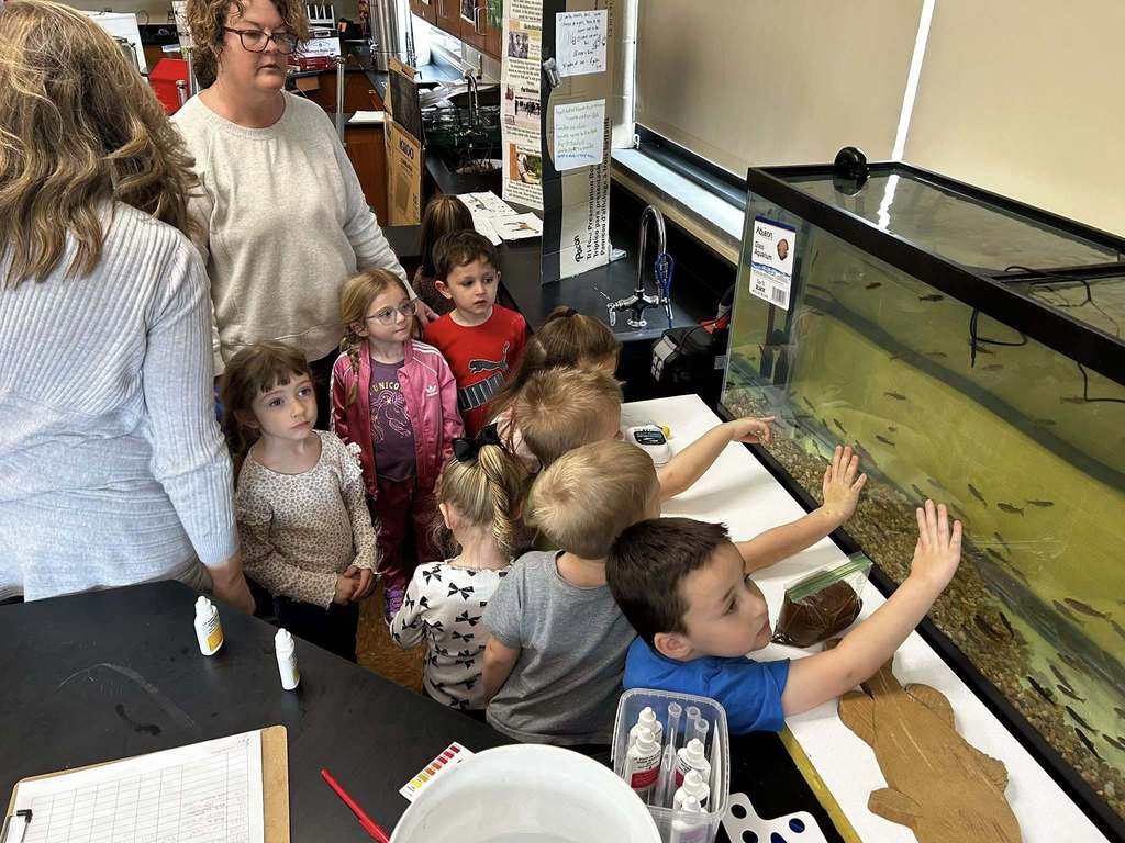 students looking at trout in a tank