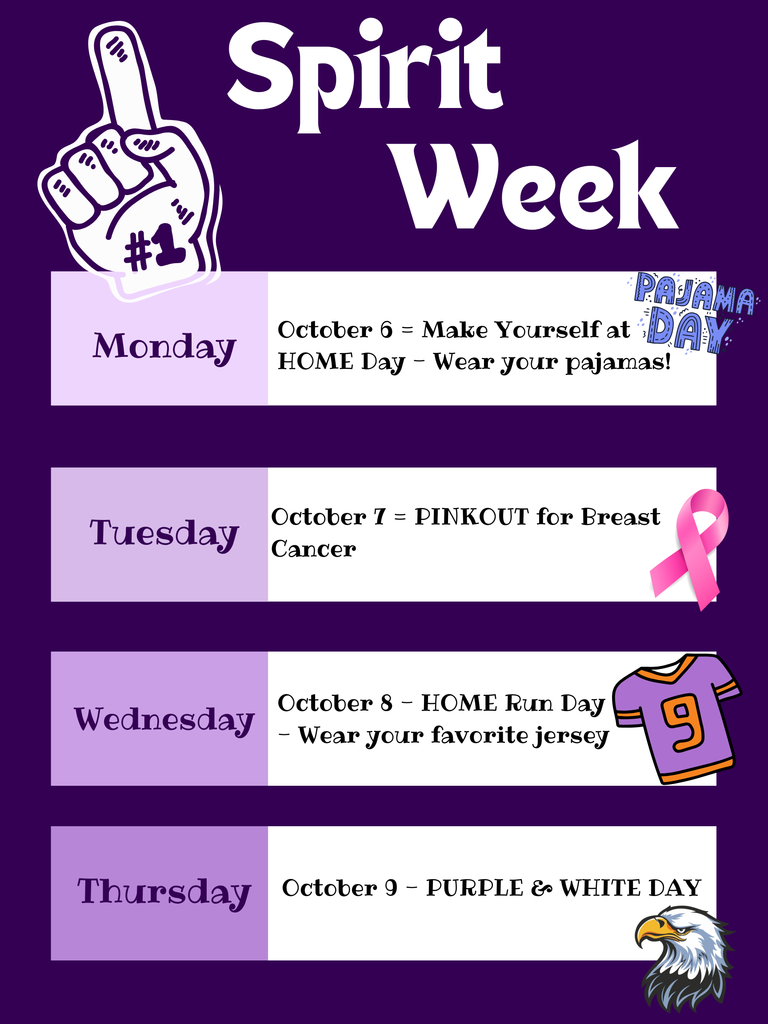spirit week flyer, spirit hand, pink ribbon, jersey, and an eagle