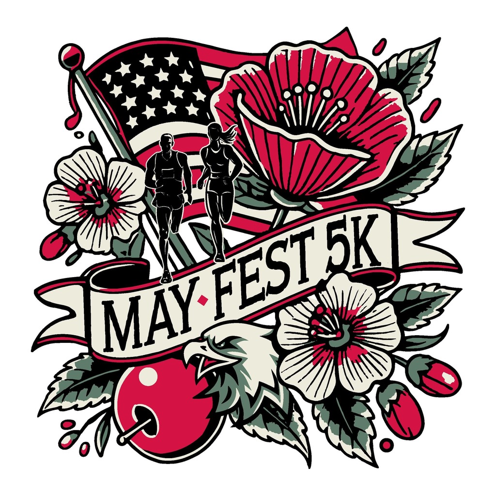 logo with eagle head, runners, apple blossoms and flag