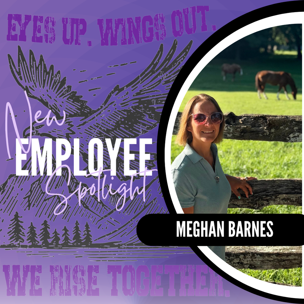 welcome photo of staff with girl and horses in background
