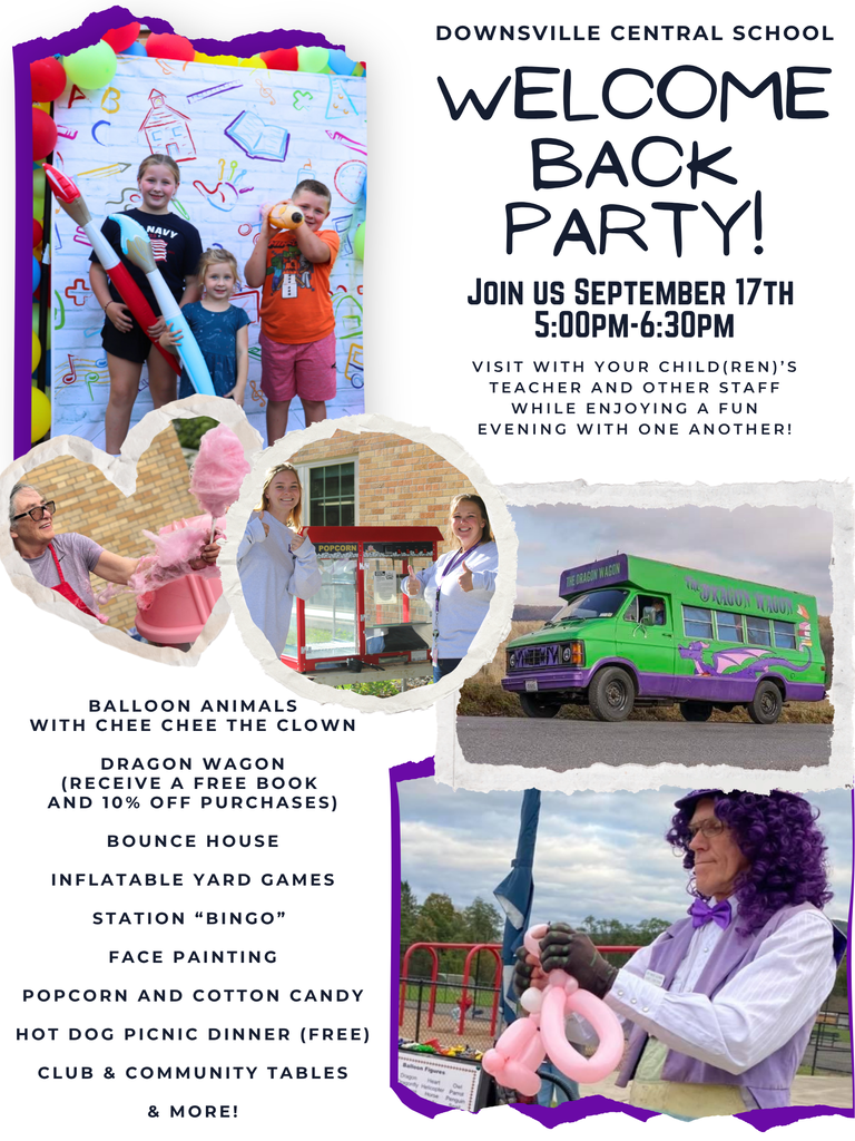 Welcome Back party poster with balloon clown and students posing for photos, a book bus, cotton candy, popcorn machine and staff