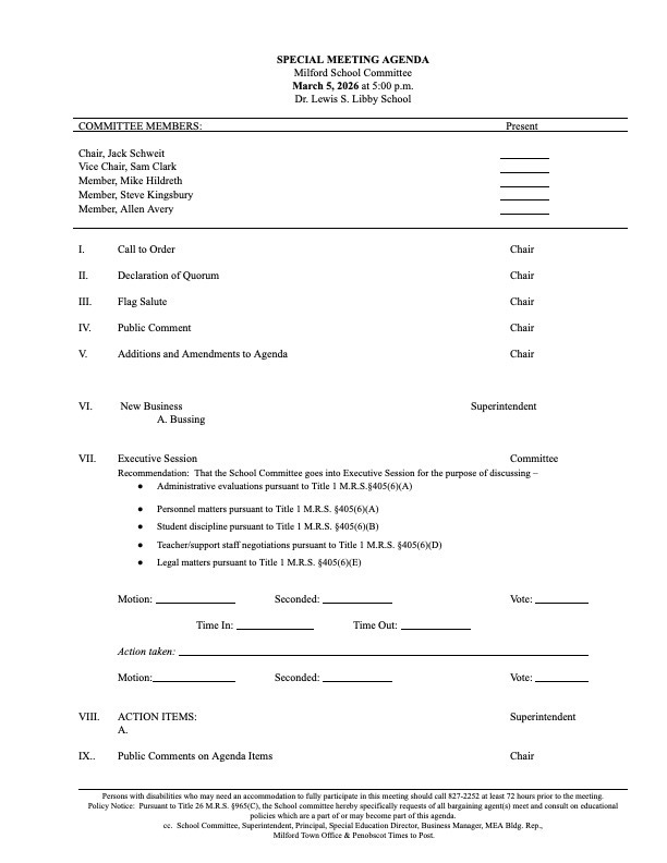 Special Meeting Agenda 3/5 5:00 pm