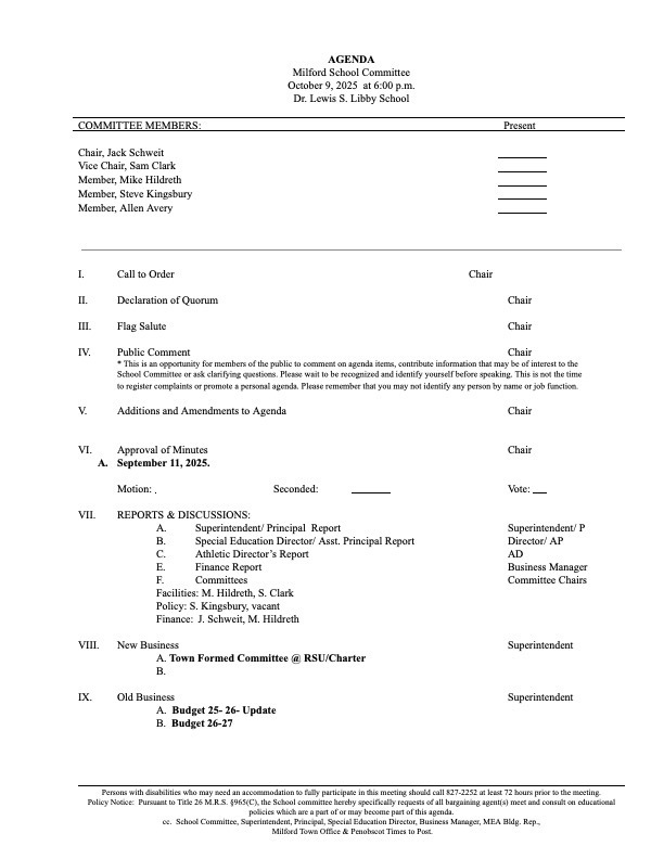 School Committee Meeting 10/9/2025, 6pm