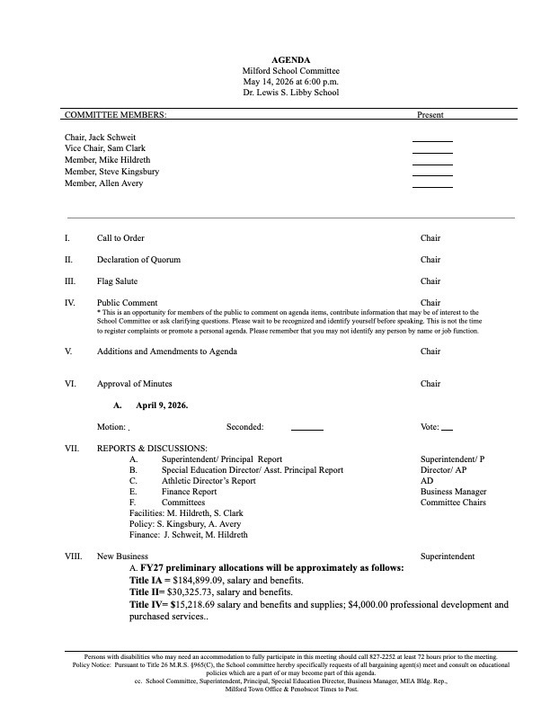 School Committee Meeting 5/14/26, 6:00 pm