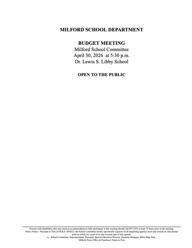 Budget Meeting 4/30/26, 5:30 pm