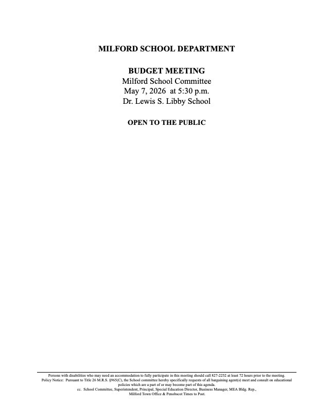 Budget Meeting 5/7/26, 5:30 pm