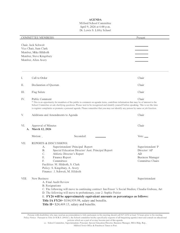 School Committee Meeting Agenda 4/9/26