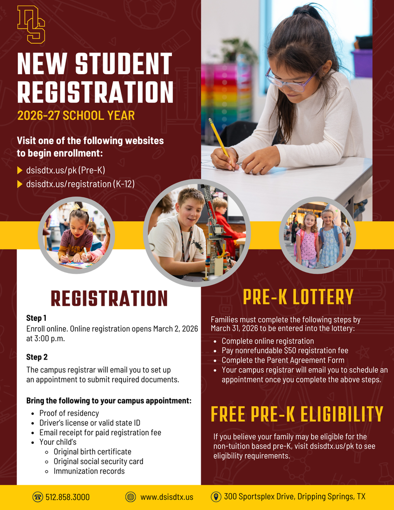 New Student Registration and the Pre-K Lottery for the 2026-27 school year opens Monday, March 2 at 3:00 p.m.