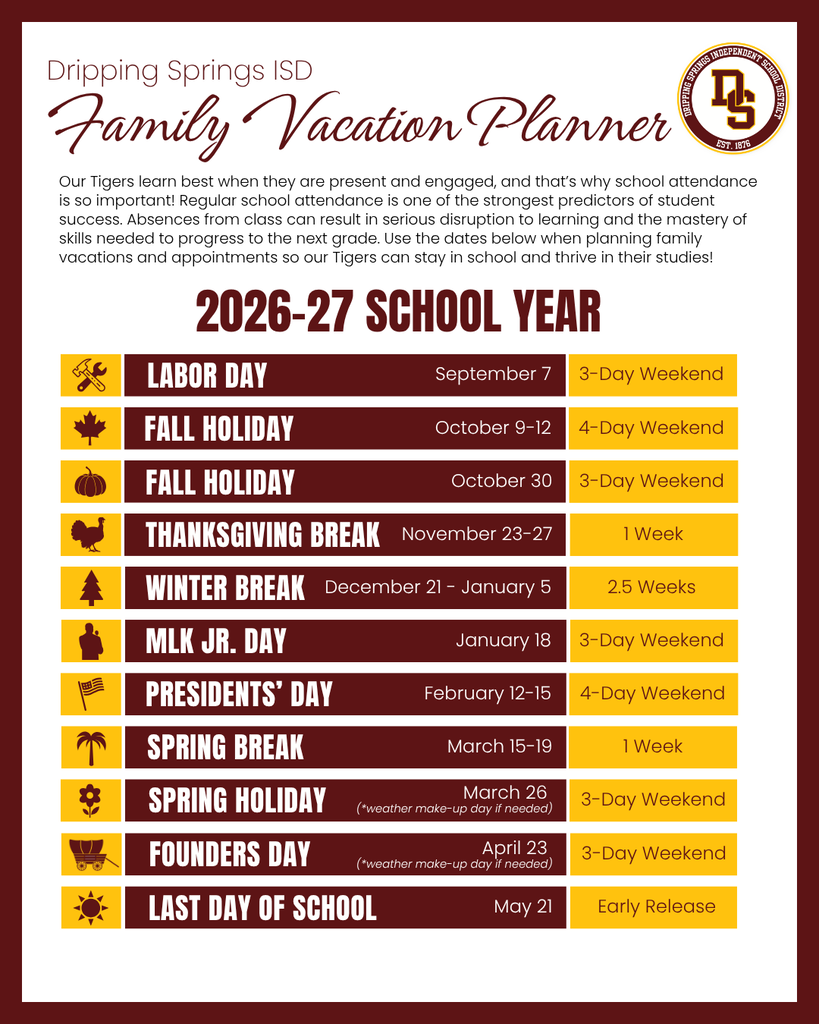 DSISD Family Vacation Planner for 2026-27 school year