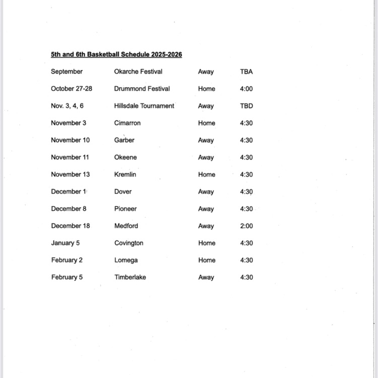 5/6th Grade Basketball Schedule