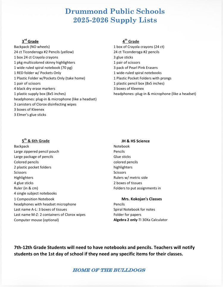 school supply list