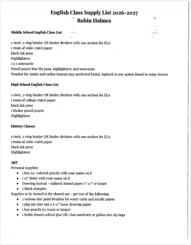 school supply list