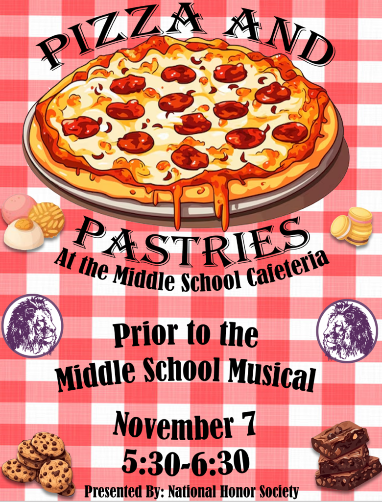 The Dryden Middle School Drama Club proudly presents  The Wizard of Oz Youth Edition  Friday, November 7 at 7 pm Saturday, November 8 at 11 am in the Dryden Middle School Auditorium Tickets available at the door $5 General Admission I $20 maximum per family  The National Honor Society will be holding a Pizza & Pastries fundraiser before the Friday night showing of the middle school musical The Wizard of Oz. The event will be held outside the high school cafeteria and it will include pizza, light bites & beverages. Prices are all based on donations.  We hope you can join us! #LionPride