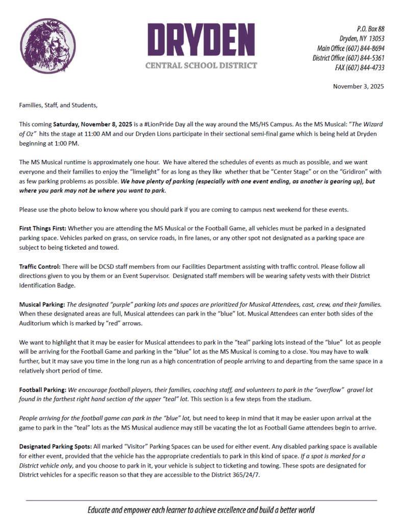 Superintendent letter regarding parking for this weekend's events