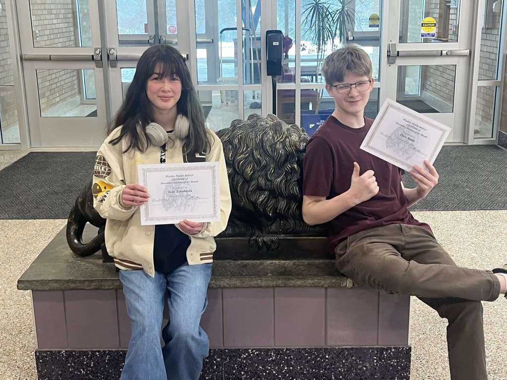These students were nominated by their teachers for consistently demonstrating our core principles of being Responsible, Respectful, Safe, and Kind. We are proud to celebrate the students pictured, who exemplify these values and contribute positively to our school community. Congratulations!         Picture 1 - all of our December Nominees (from left to right):    Grace H, Yuki T, Bailey W, Liam J, Theo S, Ben R, Zack H, Axel N, Kayleb S, Savannah S, Josephina R, Kairi R, Emmalee F (not pictured: Tzapporah J, Colton L)        Picture 2 - 6th Grade December Students of the Month:    Zack H & Bailey W        Picture 3 - 7th Grade December Students of the Month:    Liam J & Kairi R        Picture 4 - 8th Grade December Students of the Month:    Yuki T & Theo S