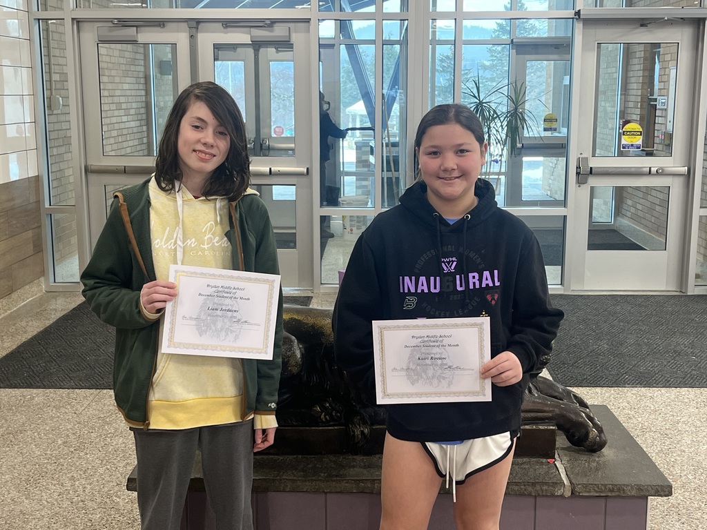 These students were nominated by their teachers for consistently demonstrating our core principles of being Responsible, Respectful, Safe, and Kind. We are proud to celebrate the students pictured, who exemplify these values and contribute positively to our school community. Congratulations!         Picture 1 - all of our December Nominees (from left to right):    Grace H, Yuki T, Bailey W, Liam J, Theo S, Ben R, Zack H, Axel N, Kayleb S, Savannah S, Josephina R, Kairi R, Emmalee F (not pictured: Tzapporah J, Colton L)        Picture 2 - 6th Grade December Students of the Month:    Zack H & Bailey W        Picture 3 - 7th Grade December Students of the Month:    Liam J & Kairi R        Picture 4 - 8th Grade December Students of the Month:    Yuki T & Theo S