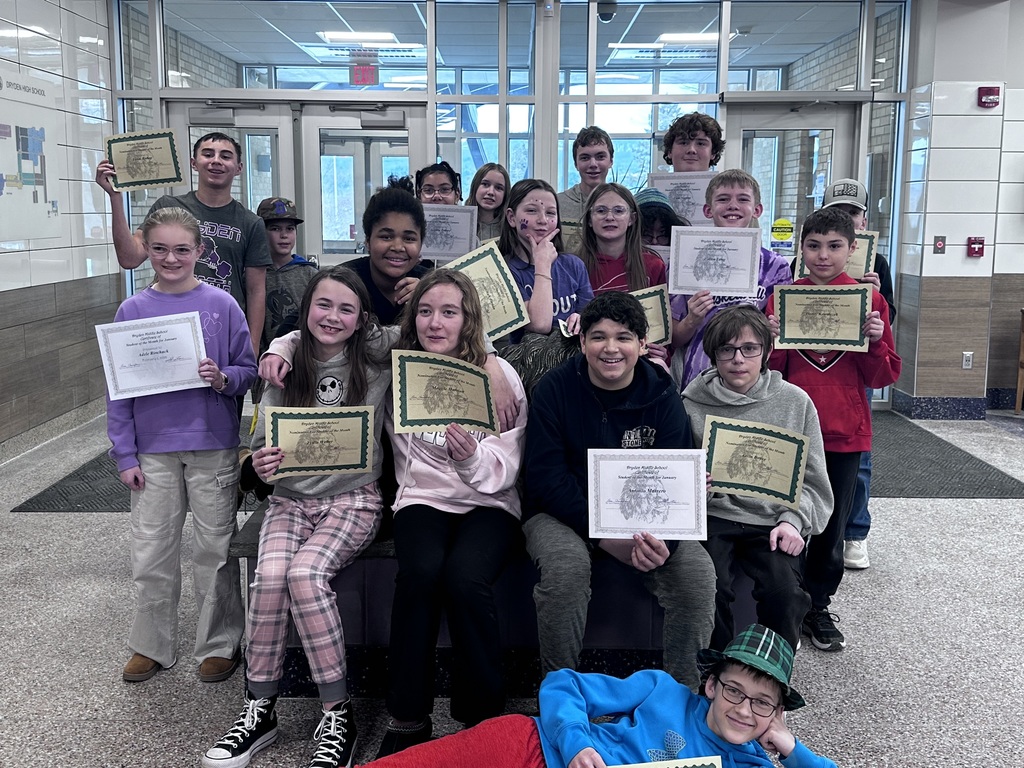 Dryden Middle School is proud to recognize the students nominated for Student of the Month for January 2026. These students were selected for their positive attitudes, strong effort, and contributions to the school community.  All students nominated for January Student of the Month (pictured from left to right, starting at the top) are: Yonni B., Ross L., Sophia T., Cecelia J-O., Dax J., Cam N., Rowan A., Adele R., Tzapporah J., Delia D., Olive W., Grace H., Colton L., Henry K., Lydia W., Maggie H., Antonio M., Aavin B., and Wyatt C.  Two students were selected out of all nominations from each grade level.  Grade 6 Students of the Month Pictured from left to right: Colton L. and Adele R.  Grade 7 Students of the Month Pictured from left to right: Antonio M. and Grace H.  Grade 8 Students of the Month Pictured from left to right: Cam N. and Sophia T.  DMS congratulates the Student of the Month winners for January 2026, as well as all nominated students throughout the year. Their dedication, positive character, and commitment to learning make them excellent role models within the school community.