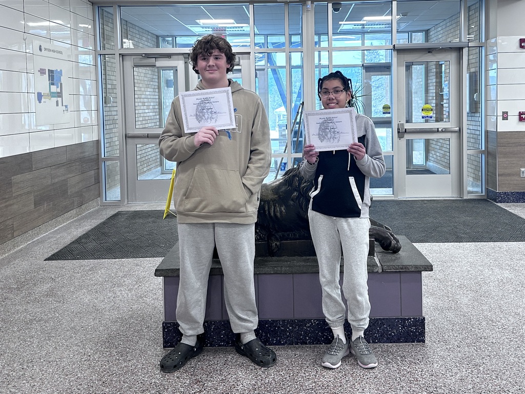 Dryden Middle School is proud to recognize the students nominated for Student of the Month for January 2026. These students were selected for their positive attitudes, strong effort, and contributions to the school community.  All students nominated for January Student of the Month (pictured from left to right, starting at the top) are: Yonni B., Ross L., Sophia T., Cecelia J-O., Dax J., Cam N., Rowan A., Adele R., Tzapporah J., Delia D., Olive W., Grace H., Colton L., Henry K., Lydia W., Maggie H., Antonio M., Aavin B., and Wyatt C.  Two students were selected out of all nominations from each grade level.  Grade 6 Students of the Month Pictured from left to right: Colton L. and Adele R.  Grade 7 Students of the Month Pictured from left to right: Antonio M. and Grace H.  Grade 8 Students of the Month Pictured from left to right: Cam N. and Sophia T.  DMS congratulates the Student of the Month winners for January 2026, as well as all nominated students throughout the year. Their dedication, positive character, and commitment to learning make them excellent role models within the school community.