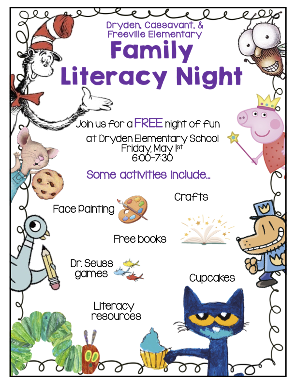 Family Literacy Night Flyer - Friday May 1, 6pm at Dryden Elementary