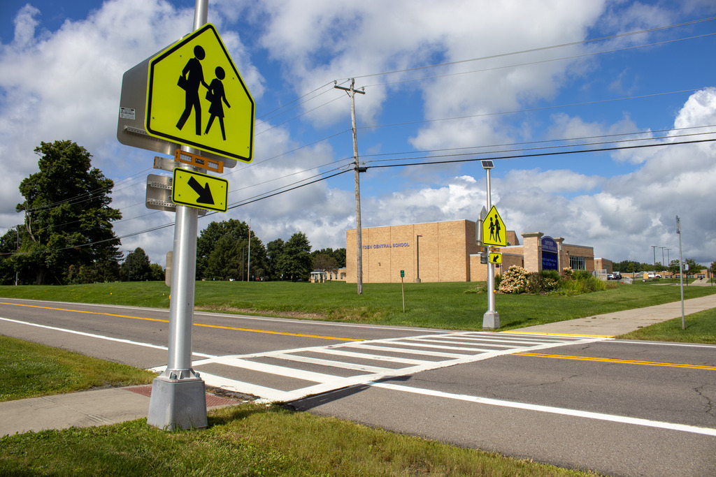 Crosswalk on road outside Dryden MS/HS