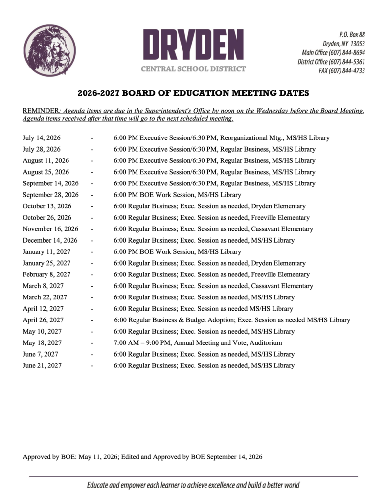 Updated BOE meeting schedule