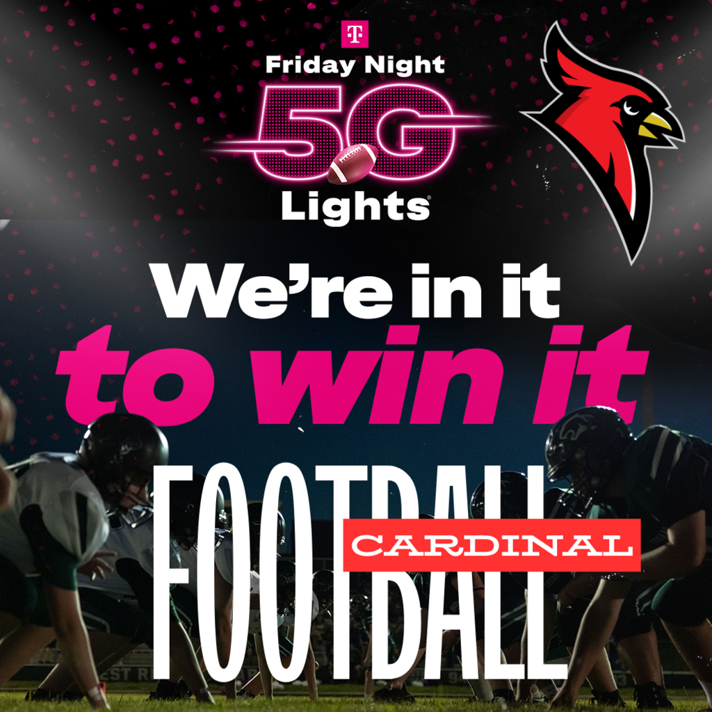 cardinal logo; football field and players