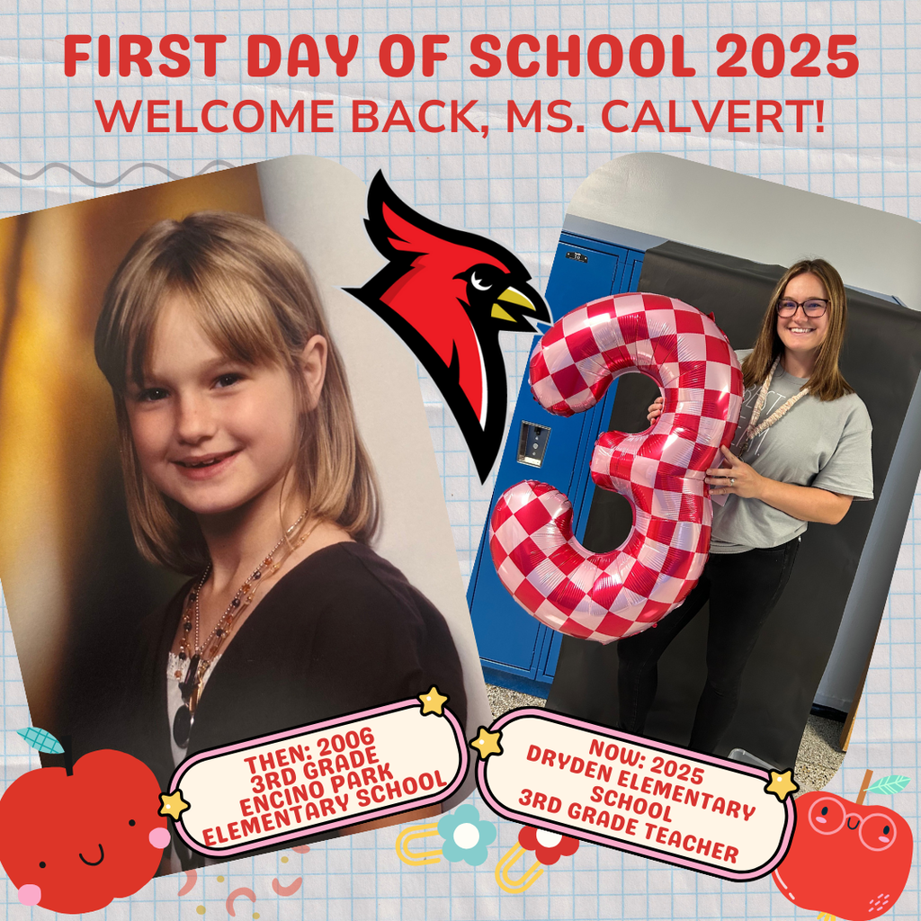 school supply clipart; photo of current teacher now and at the grade they teach