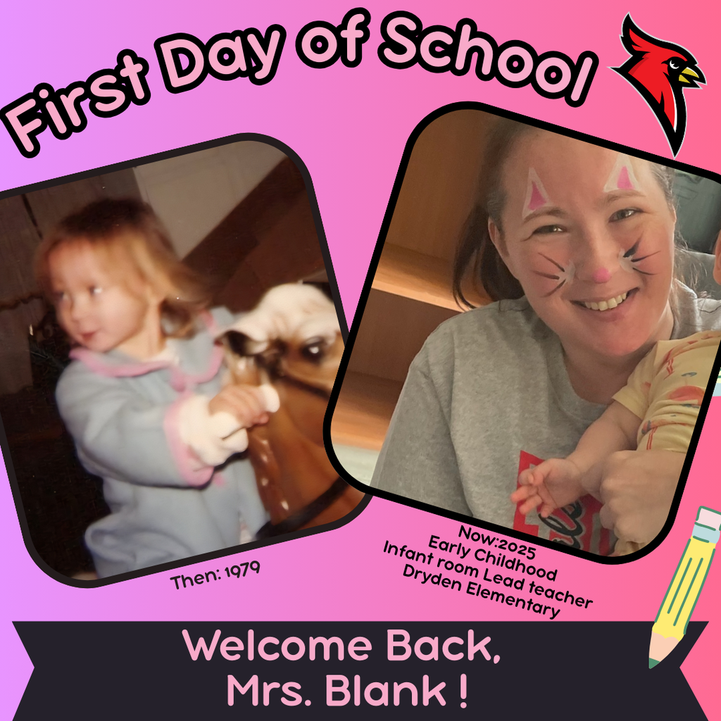 school supply clipart; photo of current teacher now and at the grade they teach