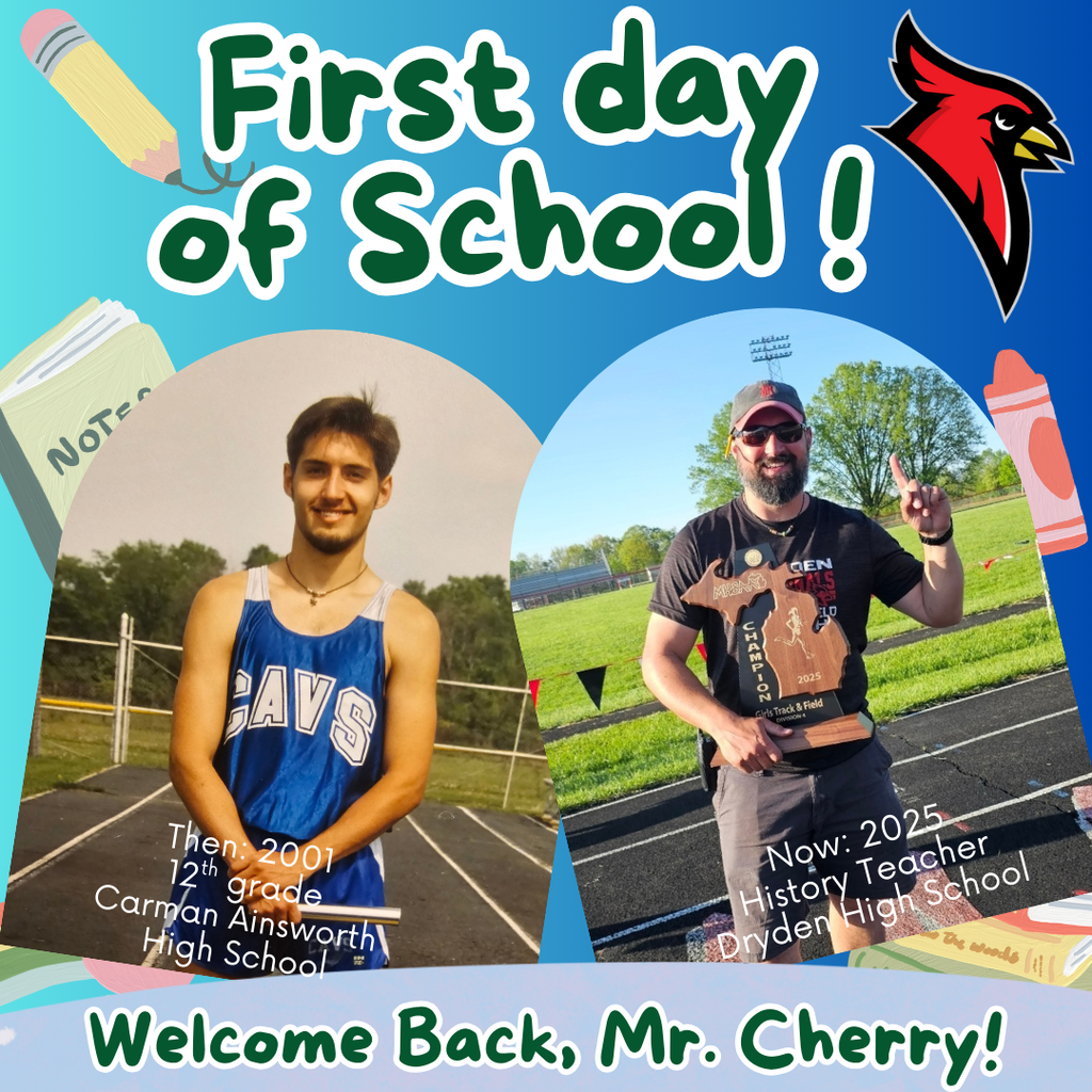 school supply clipart; photo of current teacher now and at the grade they teach