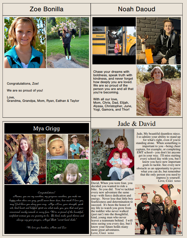 page of yearbook parent ads with student photos and parent messages