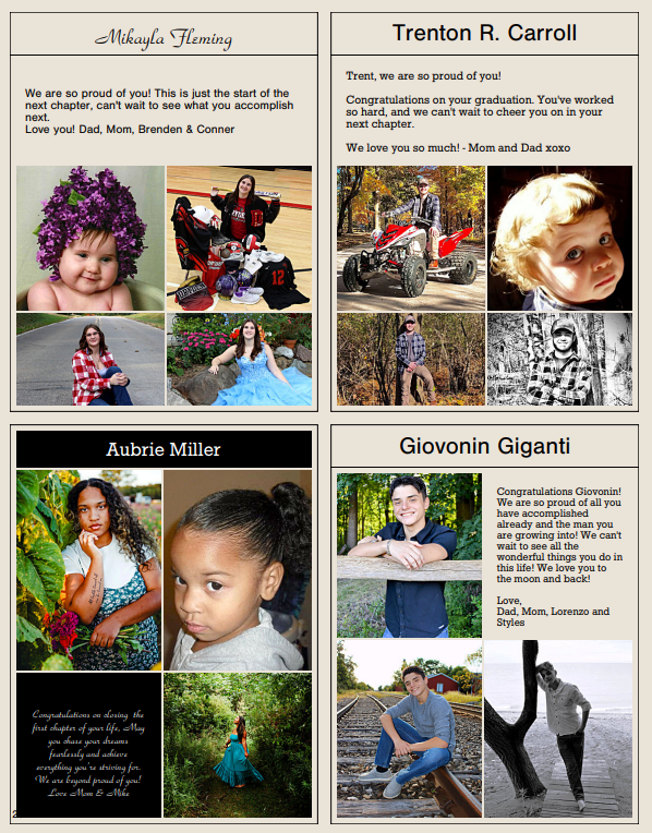 page of yearbook parent ads with student photos and parent messages