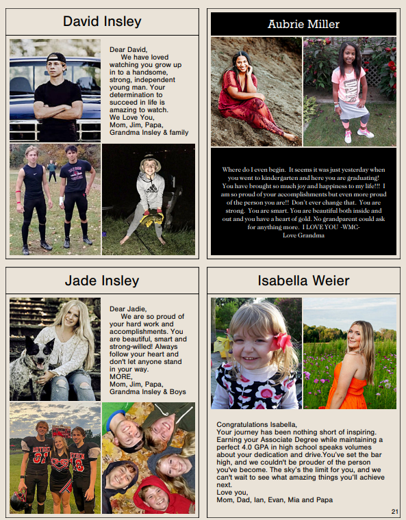 page of yearbook parent ads with student photos and parent messages