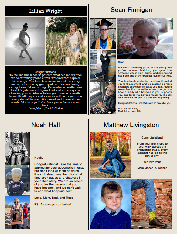page of yearbook parent ads with student photos and parent messages