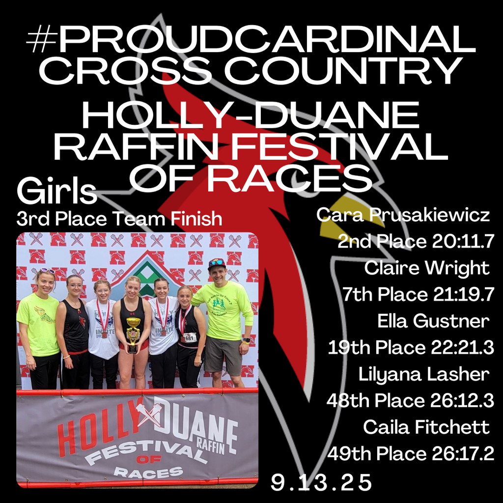 cardinal logo, photo of girls cross country team with coaches, trophy, and medals