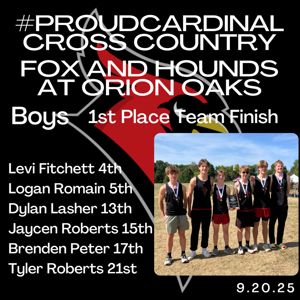 cardinal logo; photo of boys cross country team