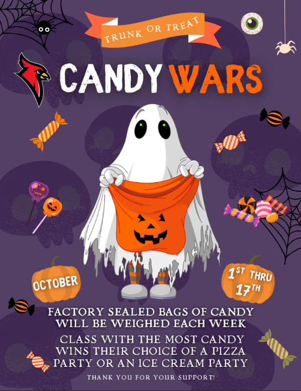 The PTA is having a Trunk or Treat CANDY WAR from October 1-17th.  Classes will be competing against each other. Factory sealed bags of candy will be weighed each week. The  class with the most candy (by weight) wins their choice of a pizza party or an ice cream party! Thank you for your support! @TMobile @drydencardinals #FN5GL #Sweepstakes #proudcardinal