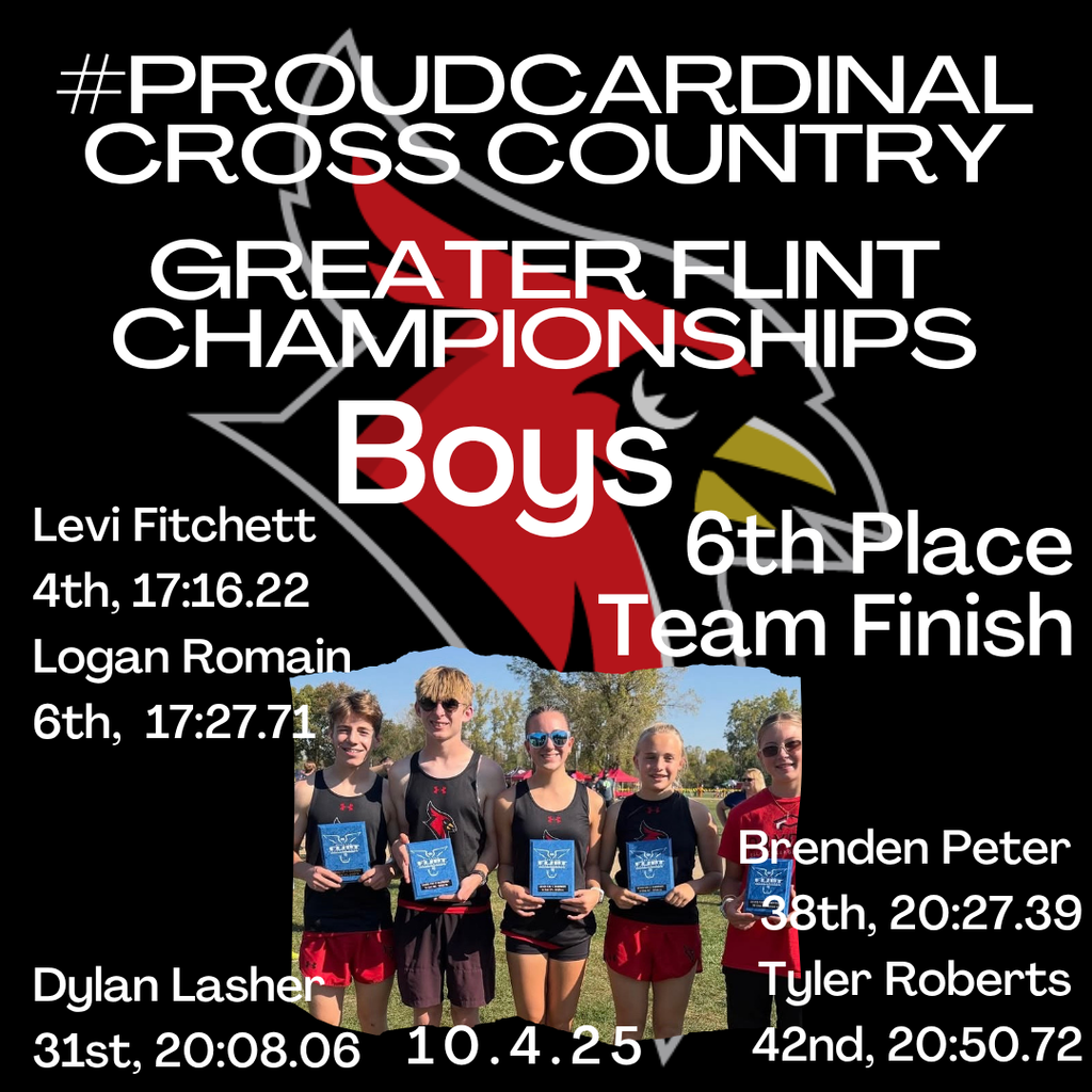 photo of cross country team holding award plaques; cardinal logo