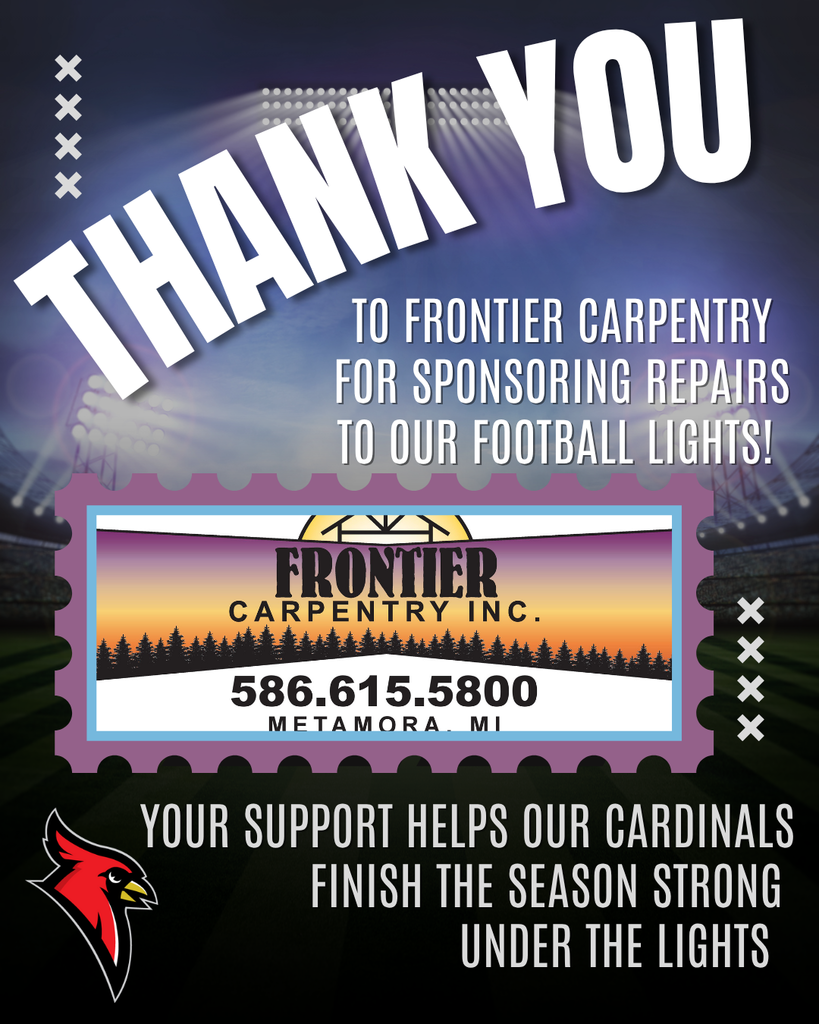 football lights; Frontier Carpentry logo; cardinal logo