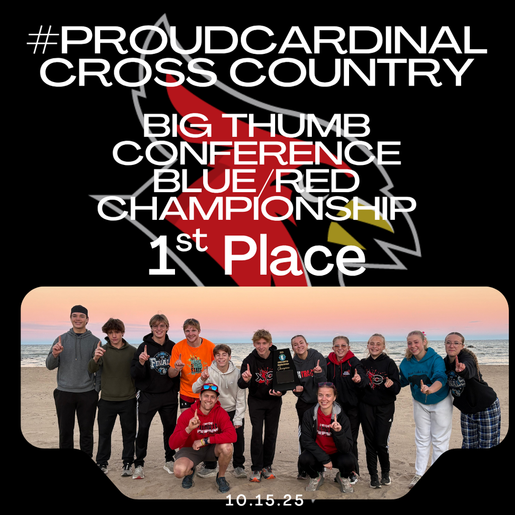 cardinal logo; photo of winning high school cross country team