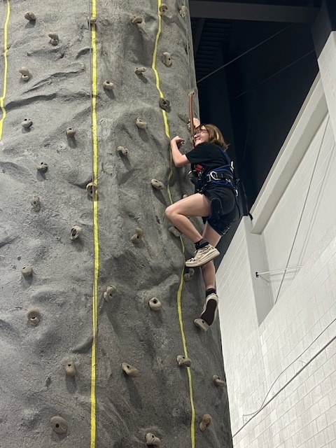 student climbing rock wall