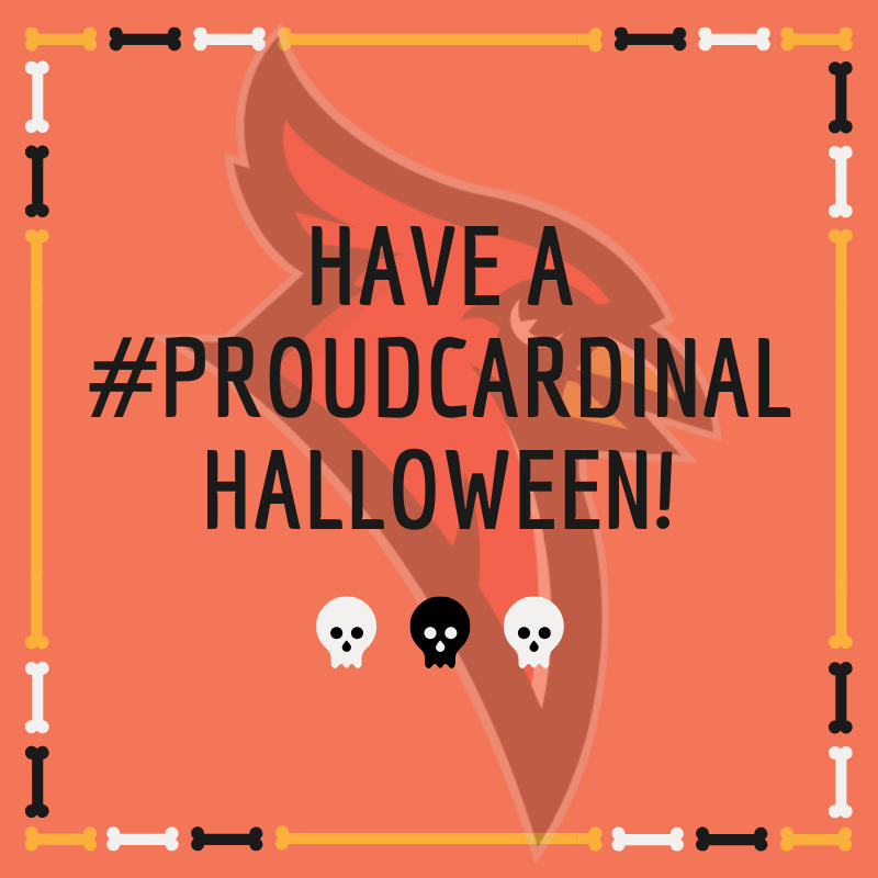 cardinal logo; Halloween skulls and bones.