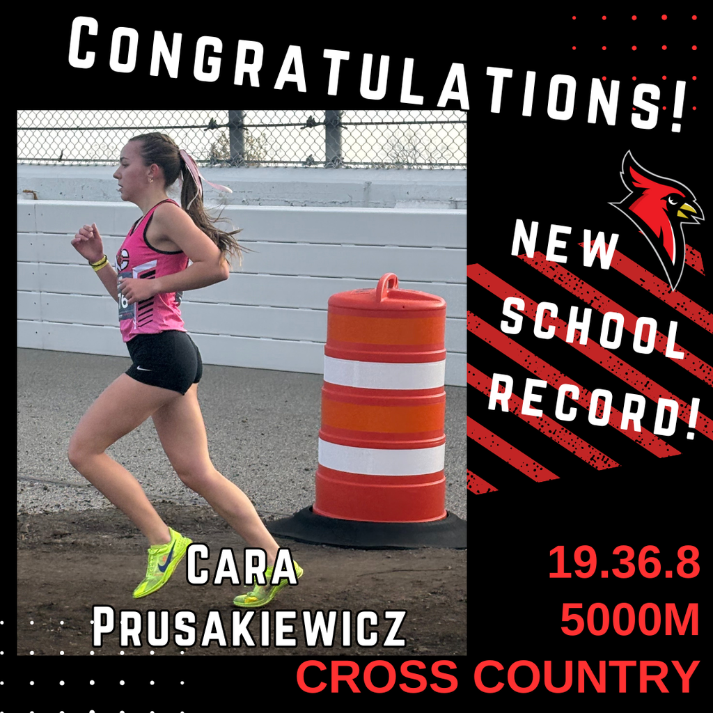 cardinal logo; photo of female cross country runner