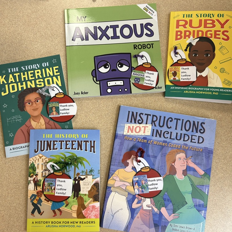Five new books arrived today from the Ludlow Family. Thank you for your generosity! #givingtree #growingreaders #proudcardinal