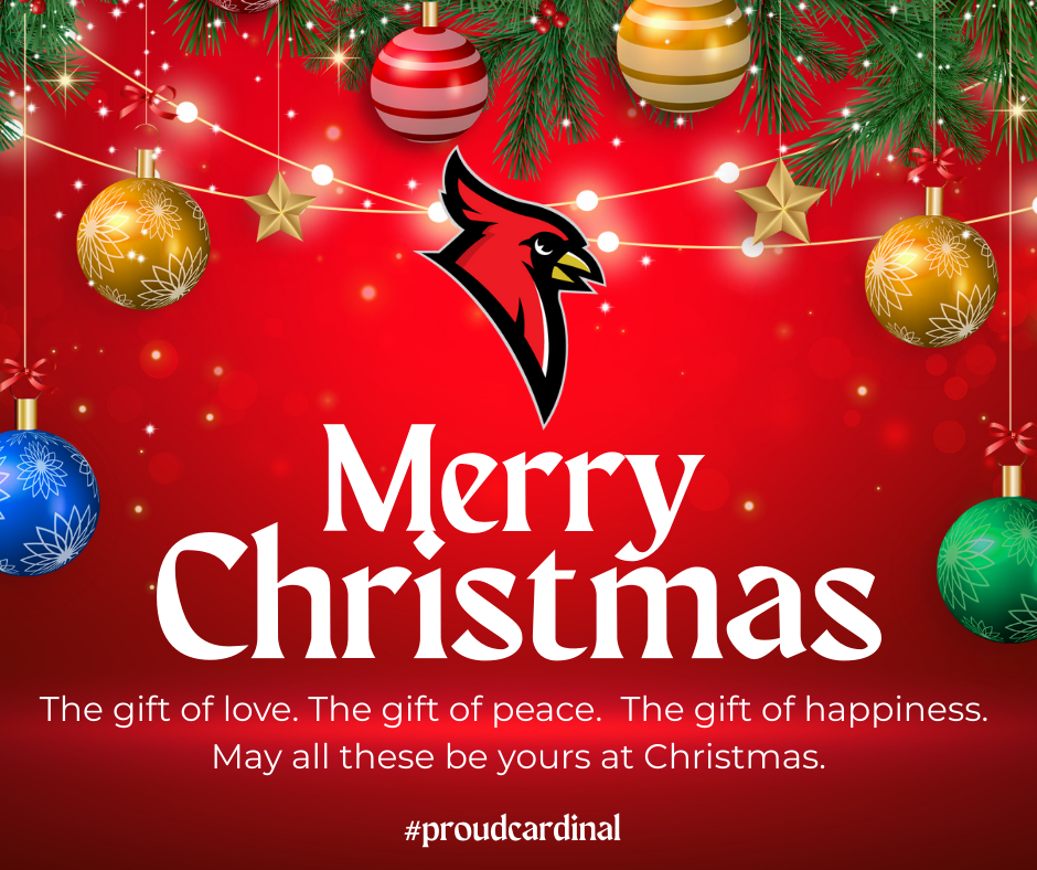 colored Christmas ball ornaments and greenery; Christmas light string; cardinal logo